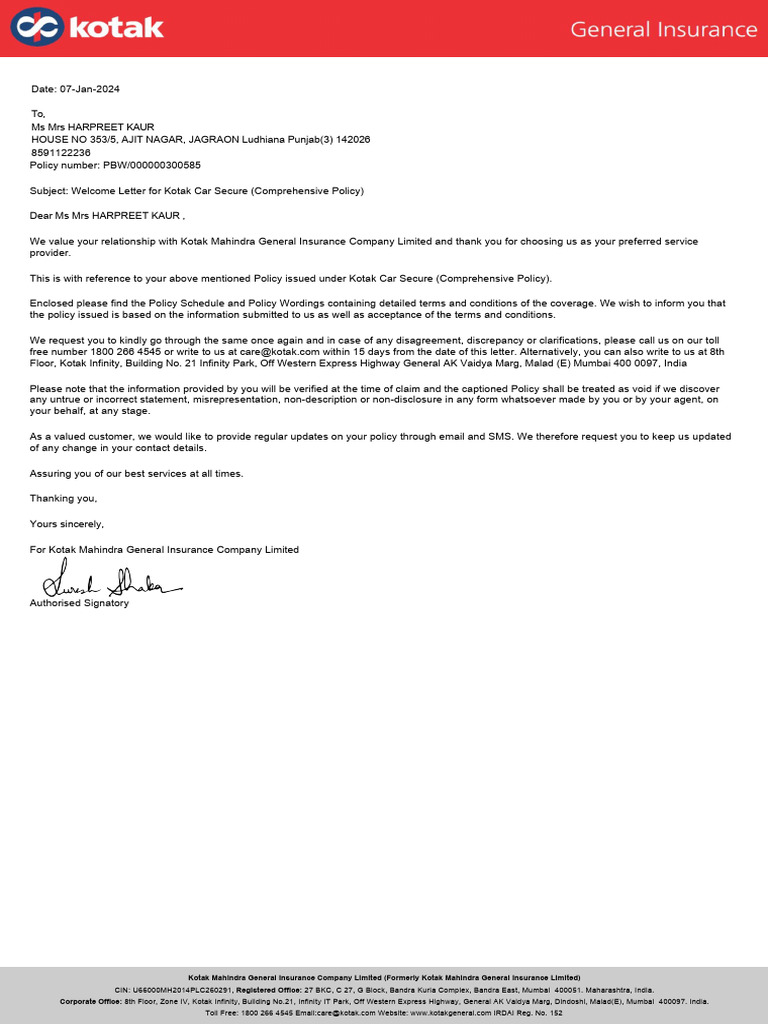 Kotak Car Secure Welcome Letter | PDF | Insurance | Deductible