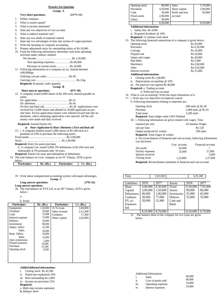 Accounting Practice Set Questions | PDF | Expense | Income Statement