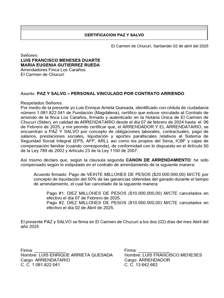 Certificación Paz y Salvo Arrendamiento | PDF
