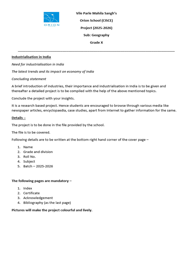 Geography Project Guidelines for Grade X | PDF