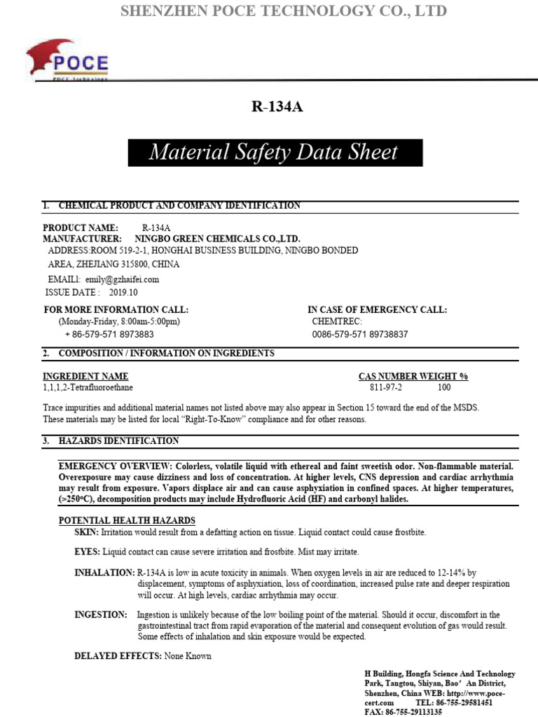 MSDS R134a | PDF | Combustion | Fires