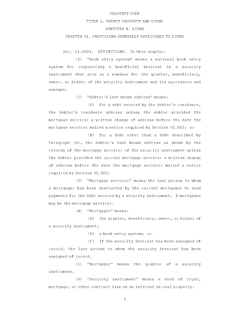 Texas Property Code Chapter 51 Mortgage Law Deed Of Trust (Real Estate)