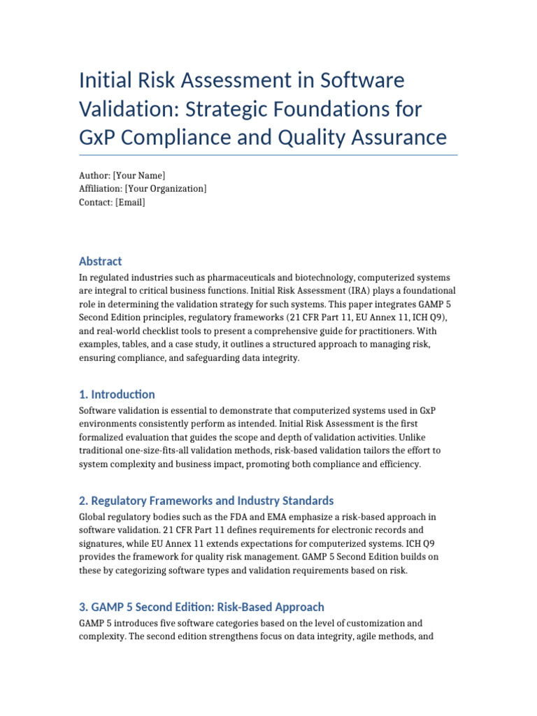 Initial Risk Assessment for GxP Compliance | PDF | Risk | Regulatory ...