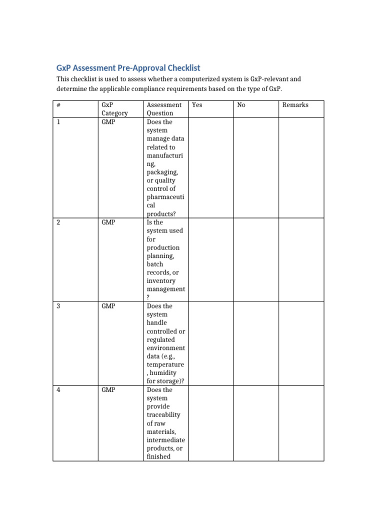 GxP Assessment Pre-Approval Checklist | PDF | Health Sciences | Quality
