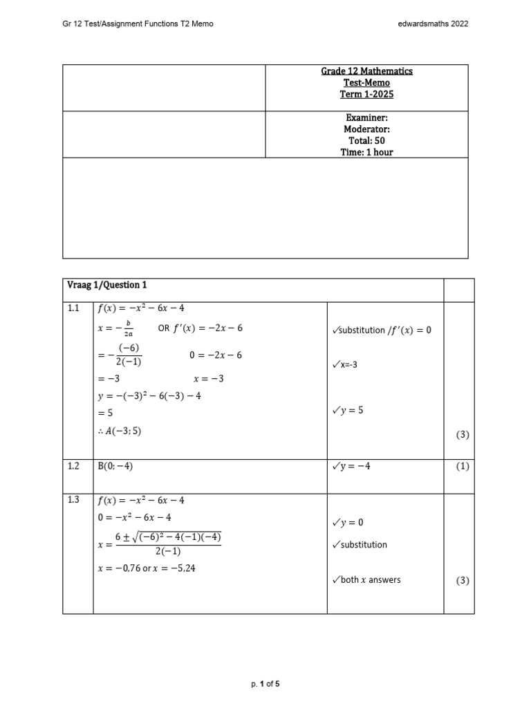 GR 12 Edwardsmaths Test or Assignment Functions T2 2022 Mem | PDF ...