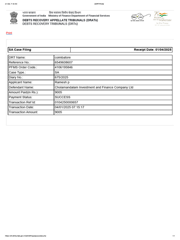 SA Case Filing Receipt for Ramesh P | PDF