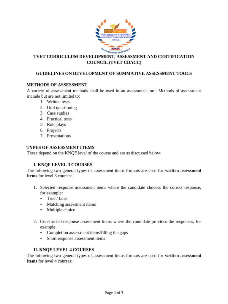 TVET Summative Assessment Guidelines | PDF | Educational Assessment ...