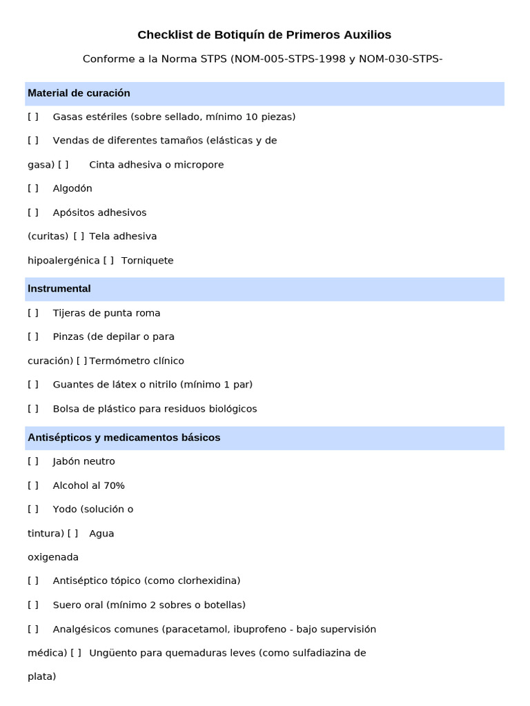 Checklist Completo Botiquín de Primeros Auxilios | PDF