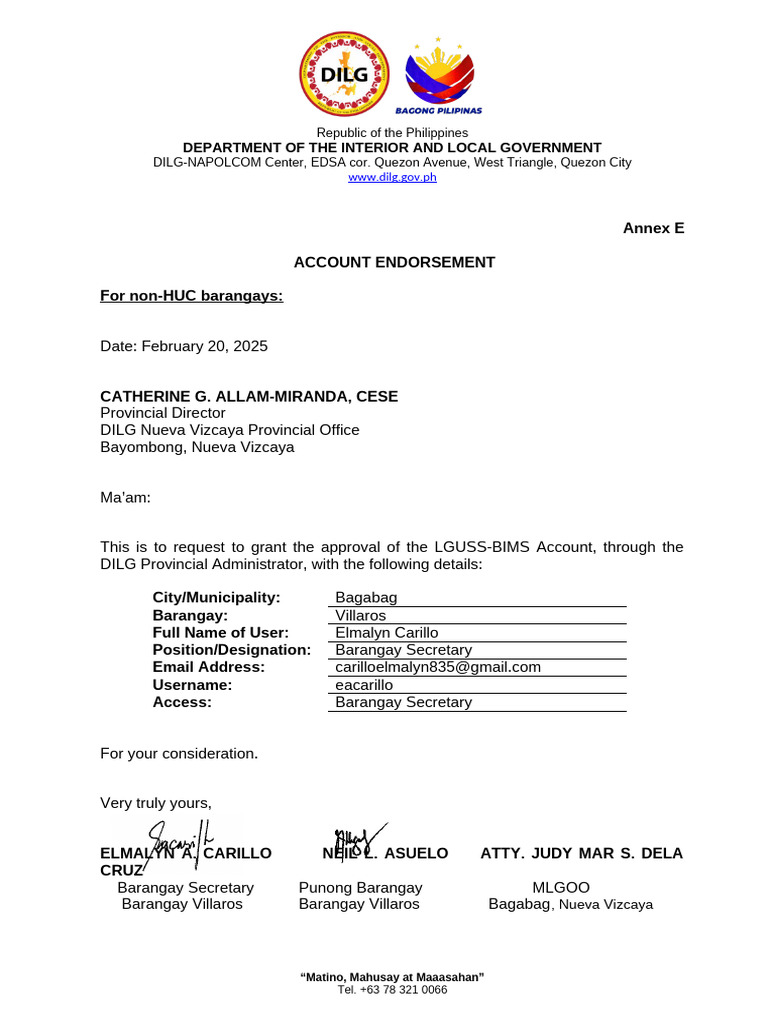 BIMS Account Endorsement for Villaros | PDF