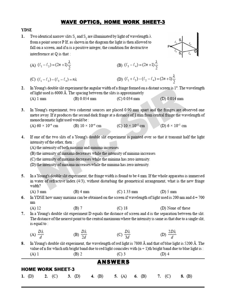 Young's Double Slit Experiment Problems | PDF | Diffraction | Wavelength