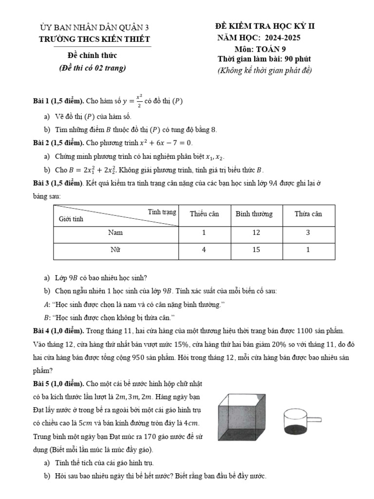 De Hoc Ky 2 Toan 9 Nam 2024 2025 Truong Thcs Kien Thiet TP HCM | PDF