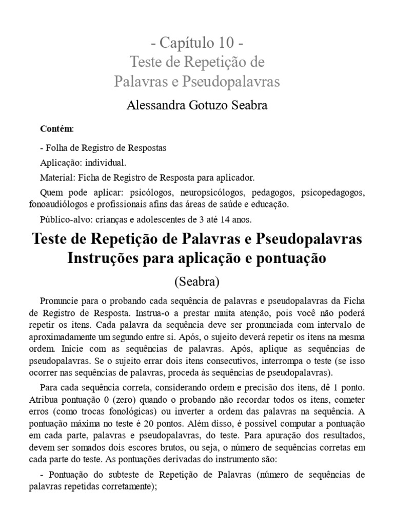 Teste de Repetição de Palavras e Pseudopalavras | PDF