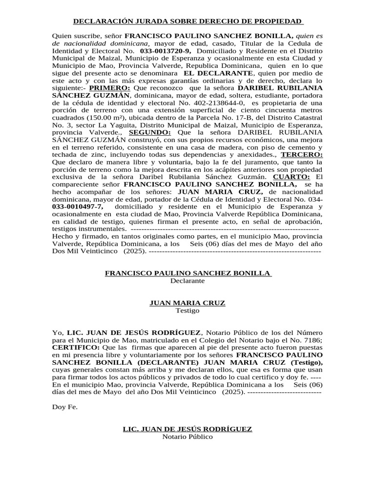 Declaración Jurada de Propiedad en RD | PDF