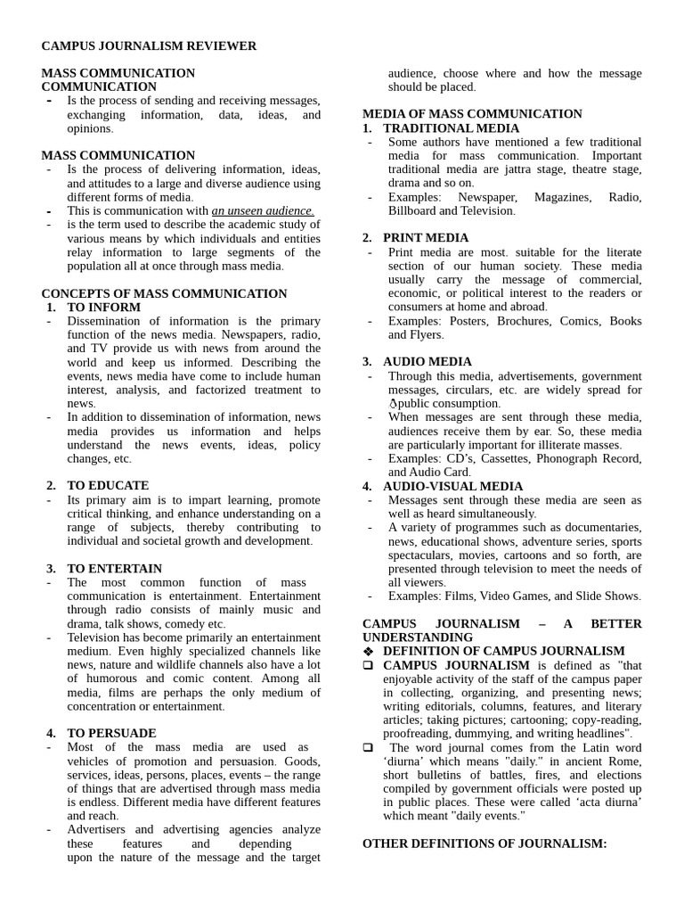 Campus Journalism Reviewer 1 Midterm | PDF | Mass Media | Journalism