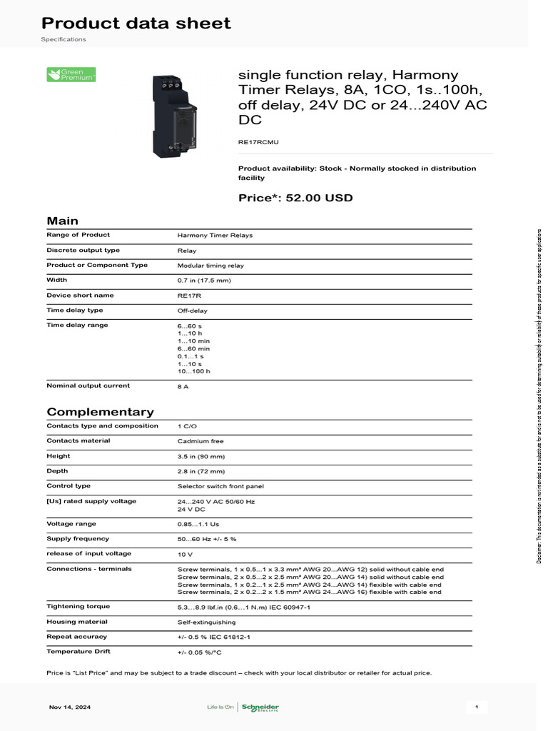 Harmony RE17RCMU Timer Relay Overview | PDF | Alternating Current | Relay