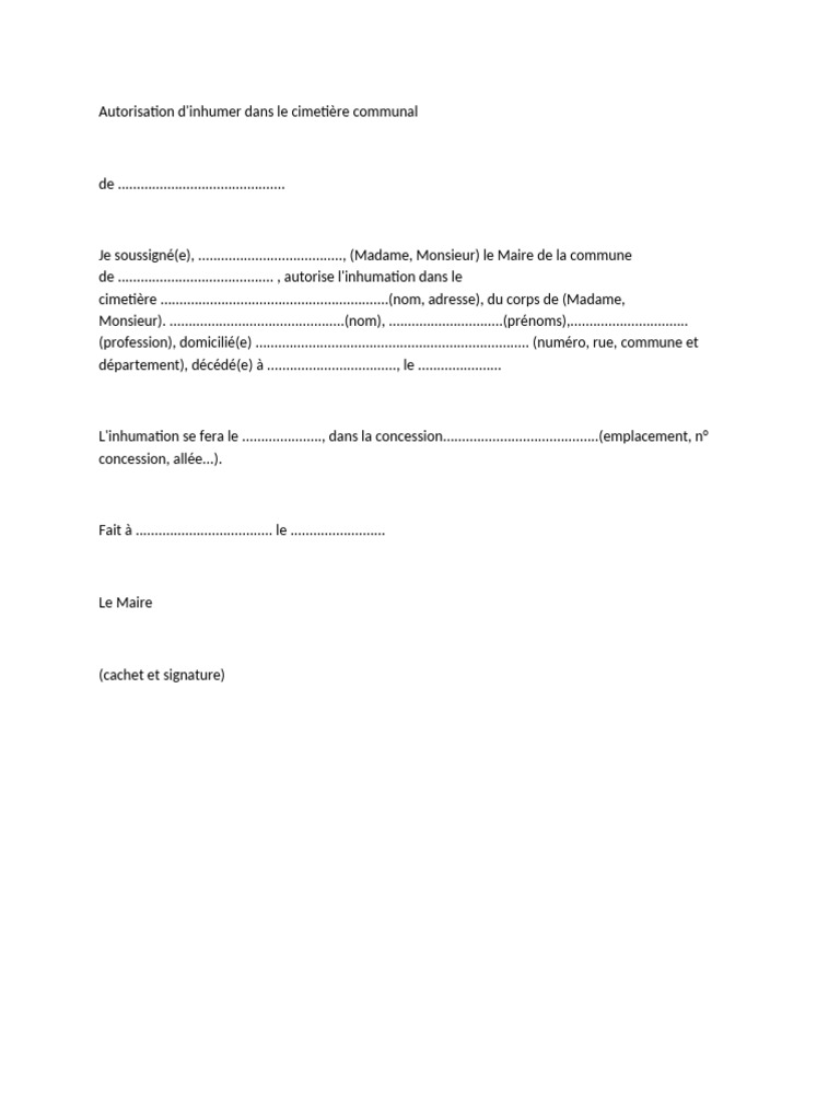 Autorisation d'inhumation en cimetière | PDF