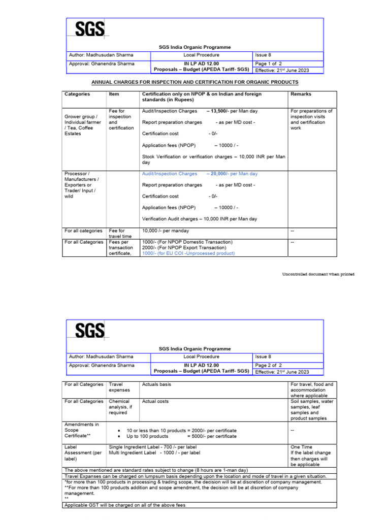 SGS India Organic Inspection Fees | PDF | Economies
