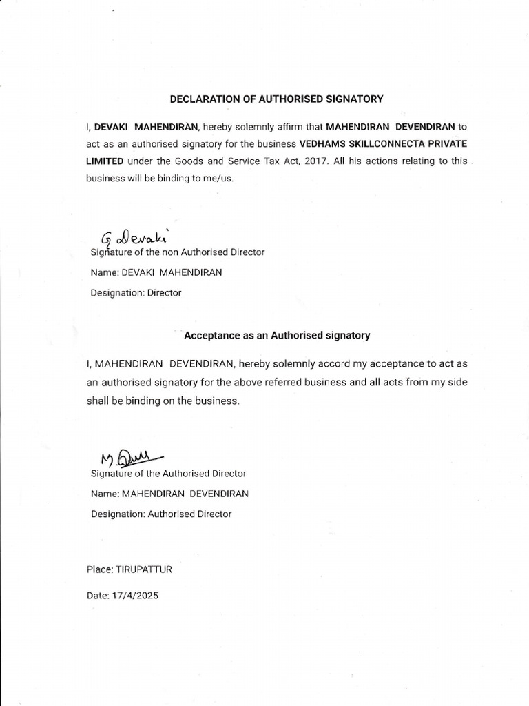 Authorised Signatory Declaration Document | PDF