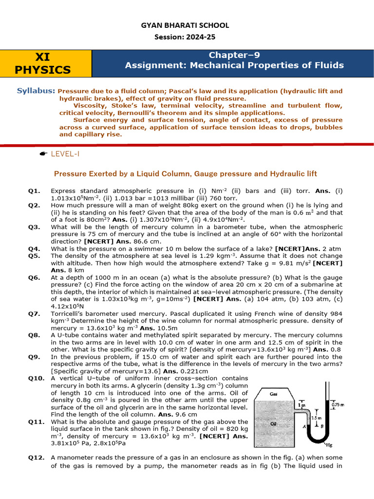Mechanical Properties of Fluids Syllabus | PDF | Pressure | Surface Tension