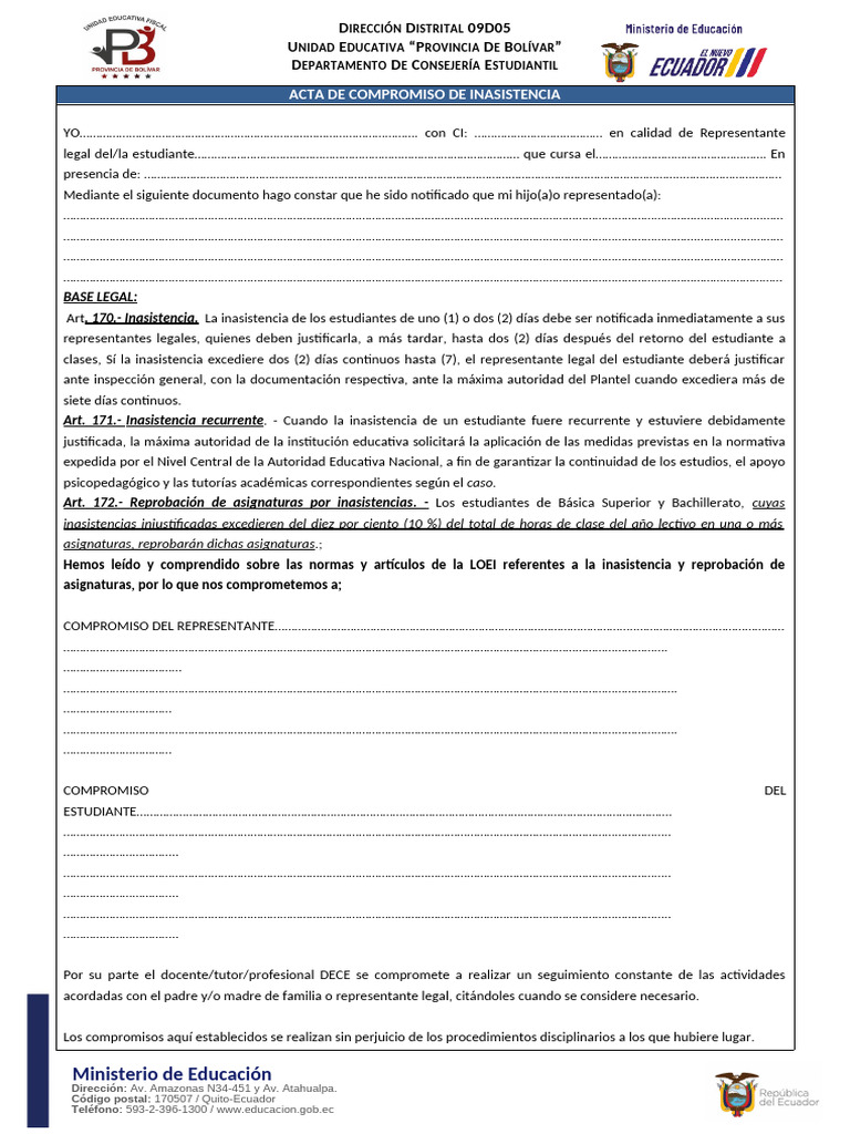 Acta de Compromiso Inasistencia 2024 | PDF