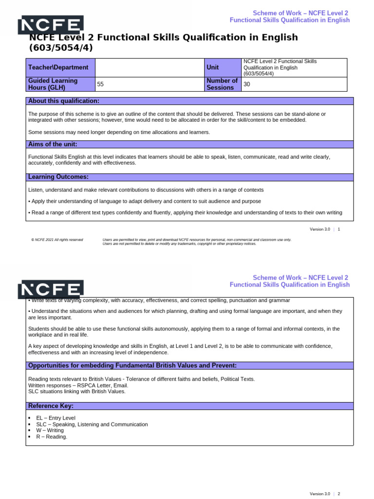 NCFE Level 2 English Scheme of Work | PDF | Learning | Human Communication