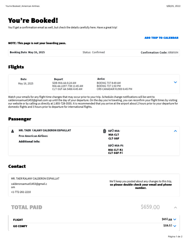 American Airlines Booking Confirmation | PDF | Aircraft | Aviation