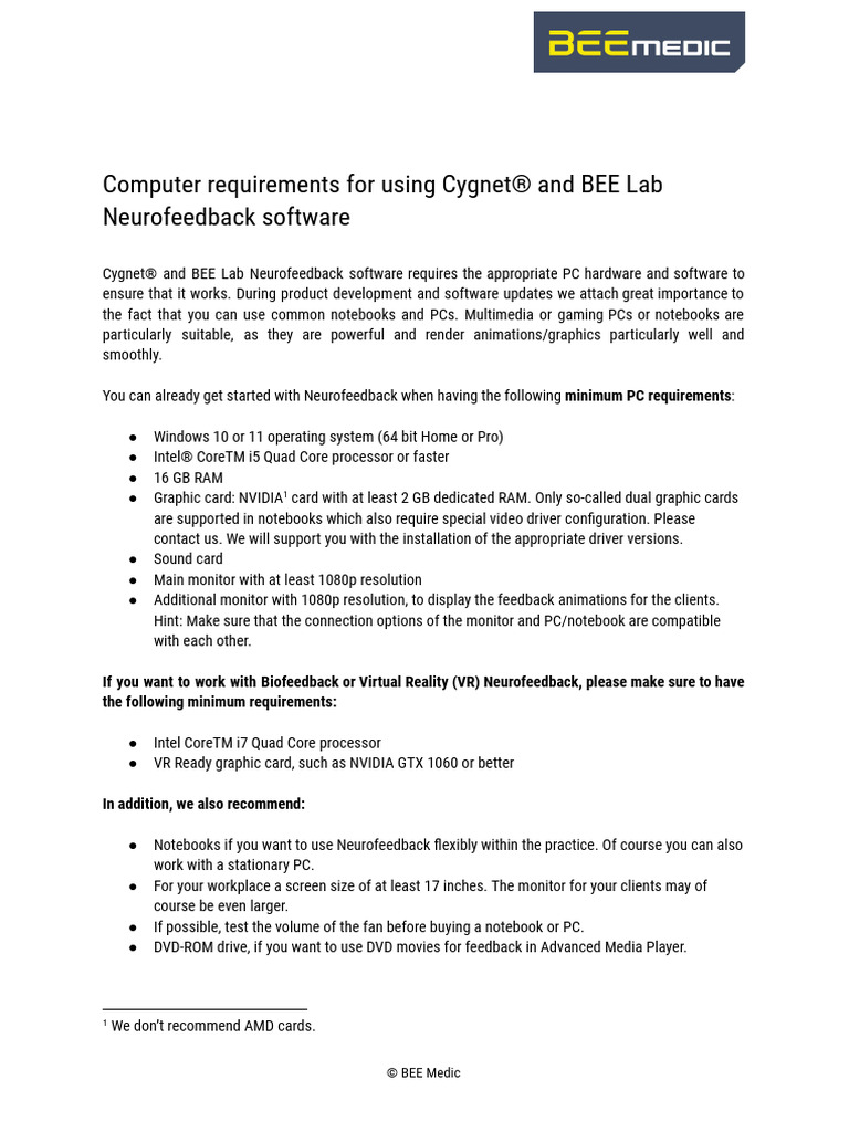 Computer Requirements For Cygnet® and BEE Lab Neurofeedback-Software ...