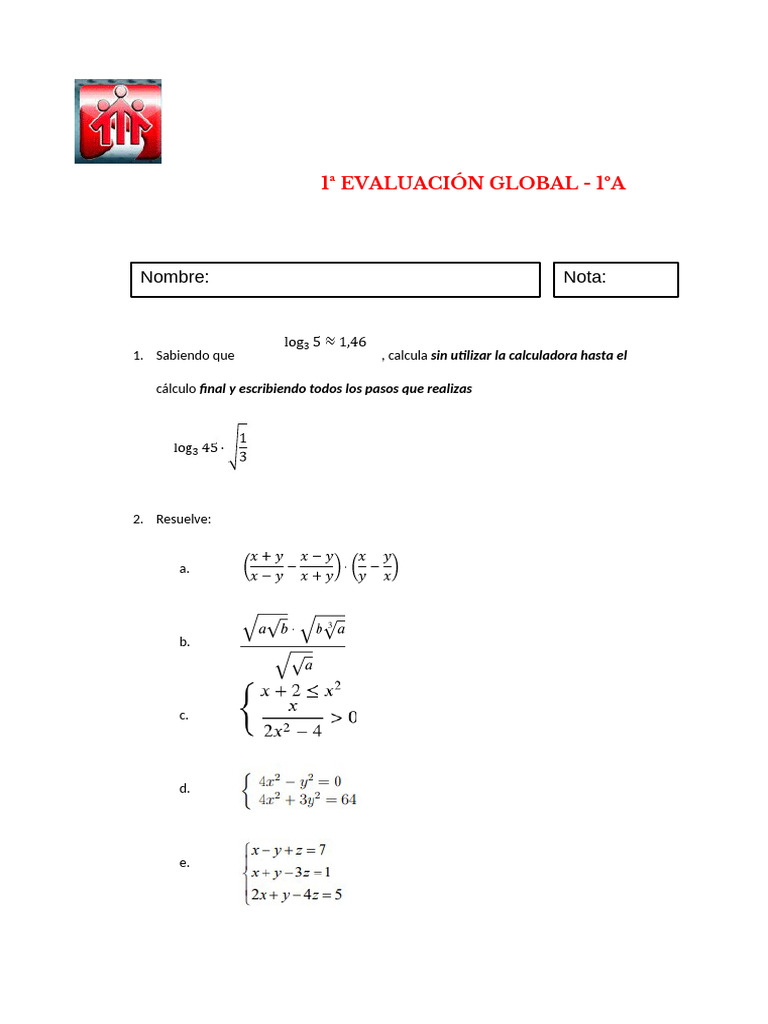 Evaluación Global Matemáticas 1ºA | PDF