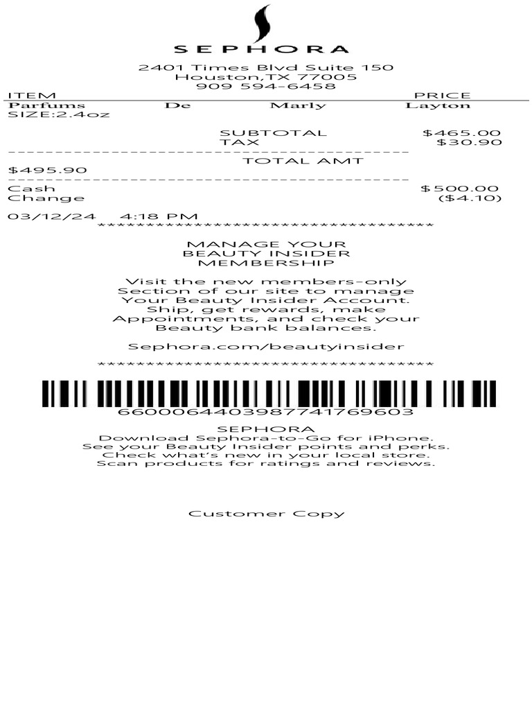 Parfums de Marly Layton Purchase Receipt | PDF