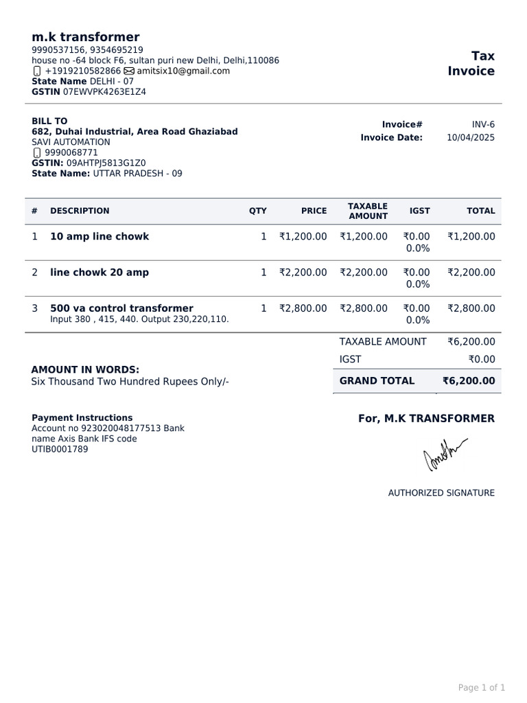 M.K Transformer Tax Invoice: 10 Amp Line Chowk | PDF