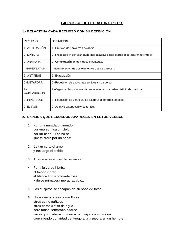 Ejercicios de Recursos Literarios 1º ESO | PDF