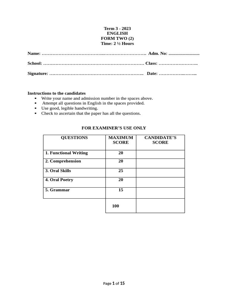 Form Two English Exam - Term 3 2023 | PDF | Linguistics | Grammar