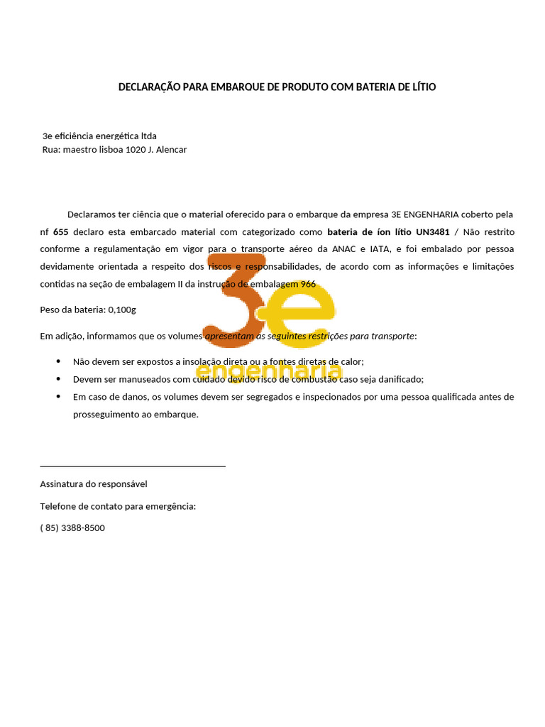 Declaração de Embarque Bateria UN3481 | PDF