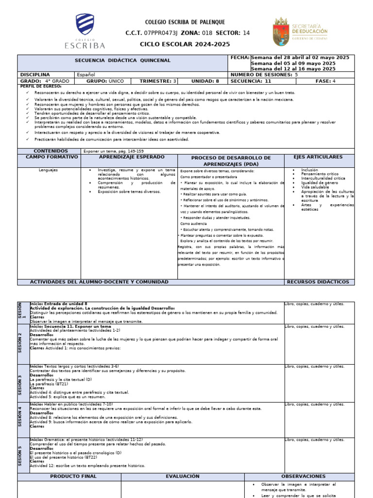 Planeación 28abril-30mayo 2025 Español-Matemáticas | PDF | Pensamiento ...