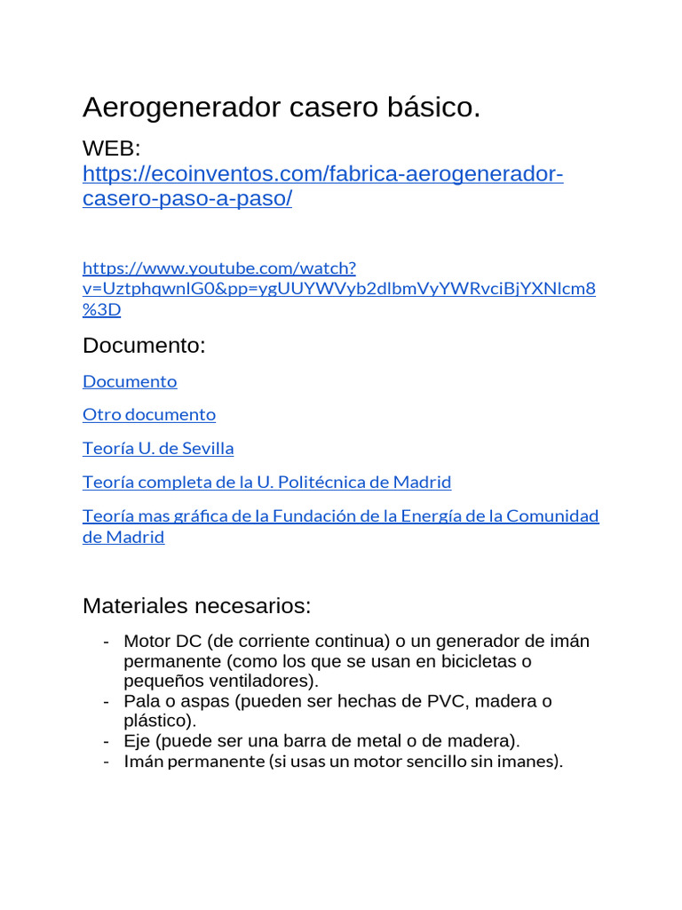Construcción de un Aerogenerador Casero | PDF | Generador eléctrico ...