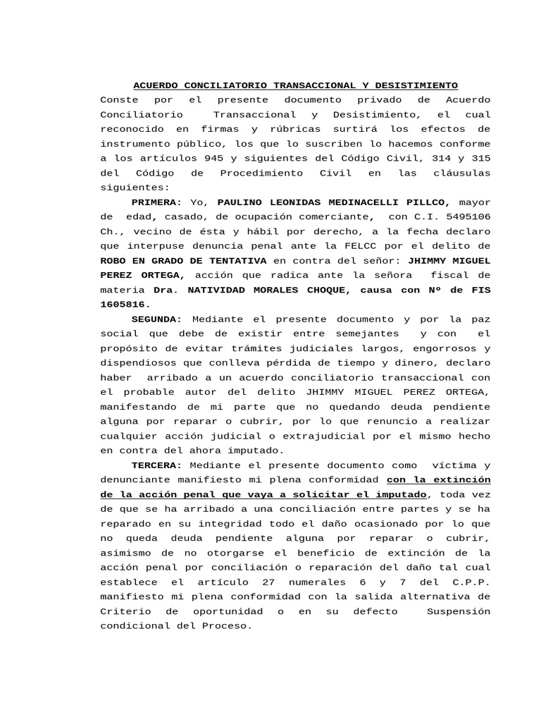 Acuerdo Conciliatorio y Desistimiento Legal | PDF | Justicia | Crimen y ...