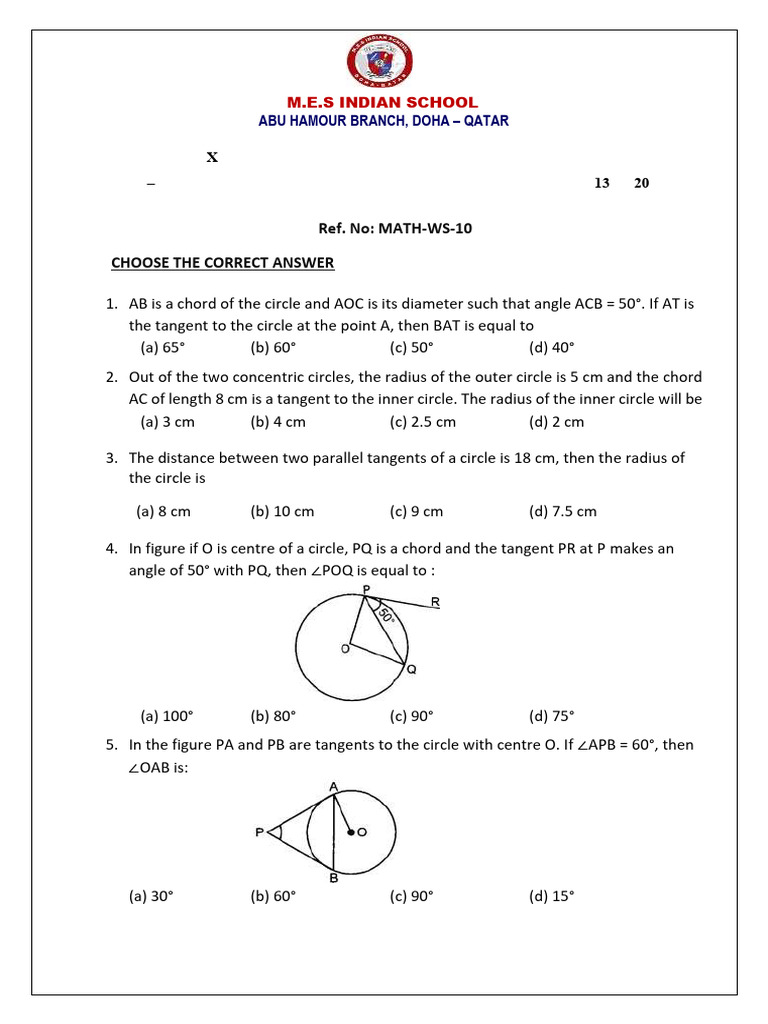 Grade 10 Mathematics Worksheet on Circles | PDF | Circle | Angle