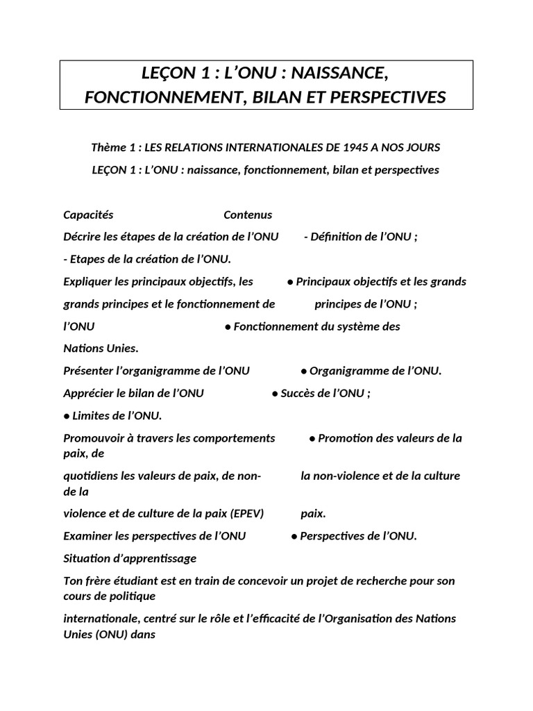 Naissance et fonctionnement de l'ONU | PDF | Nations unies | Relations ...