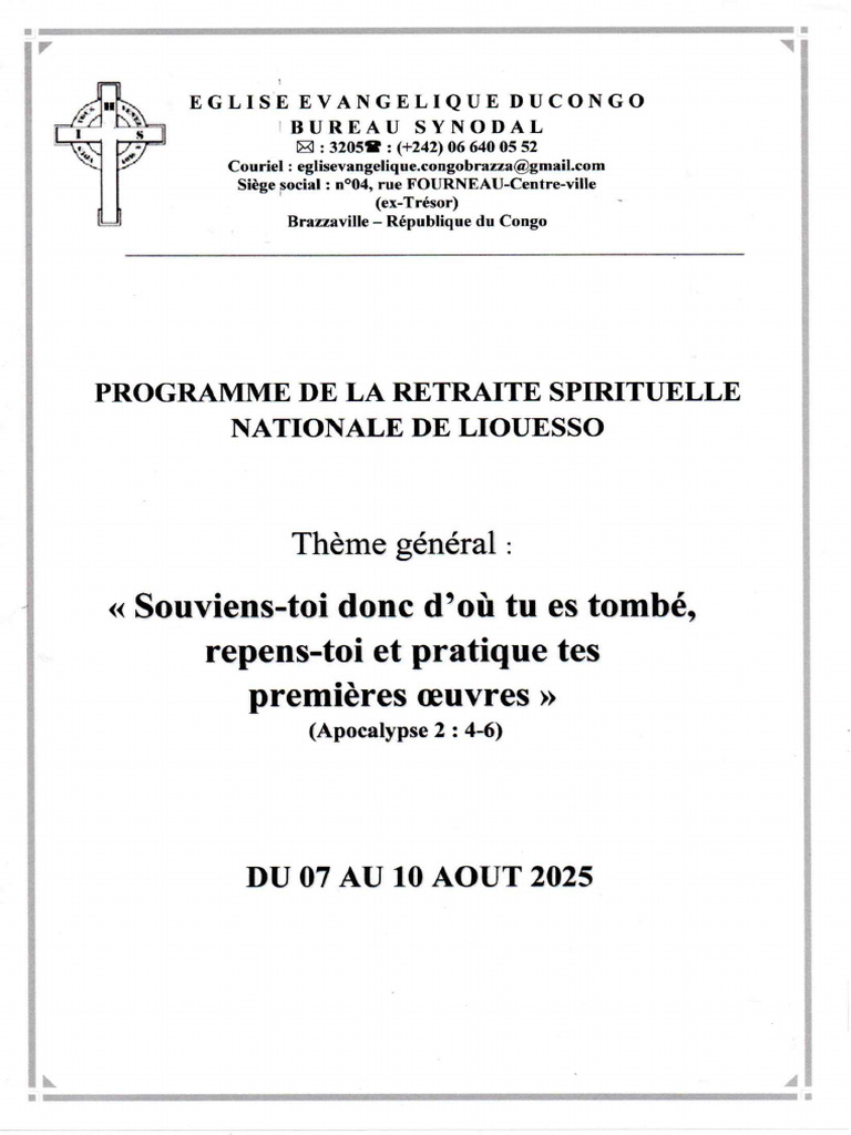 Programme de La Retraite Spirituelle Nationale de LiOuessio | PDF