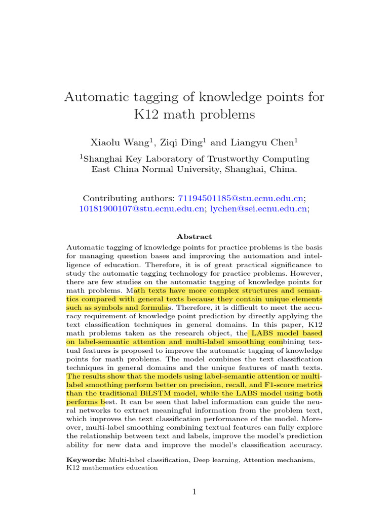 Automatic Tagging of Knowledge Points For K12 Math Problems - ASTA E ...