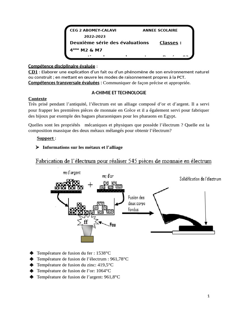 Composition de l'électrum en PCT 4ème | PDF | Poids | Or
