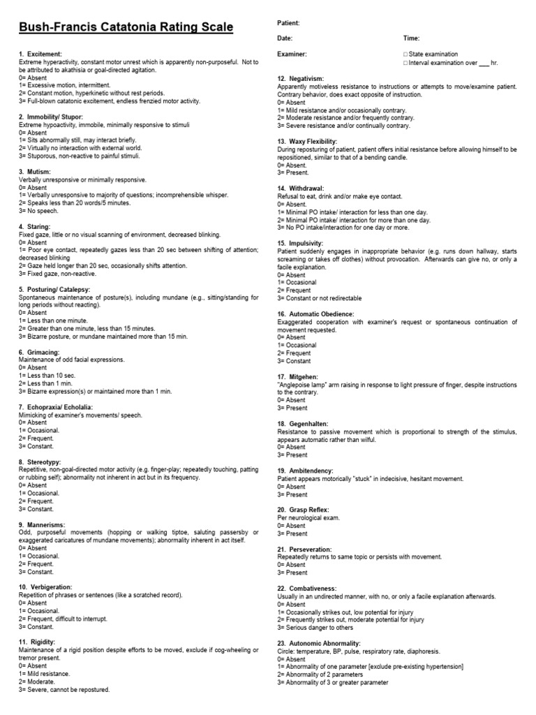Bush-Francis Catatonia Rating Scale | PDF | Behavioural Sciences ...