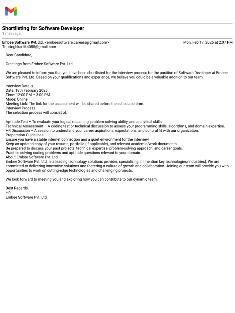 Embee - Shortlisting For Software Developer | PDF