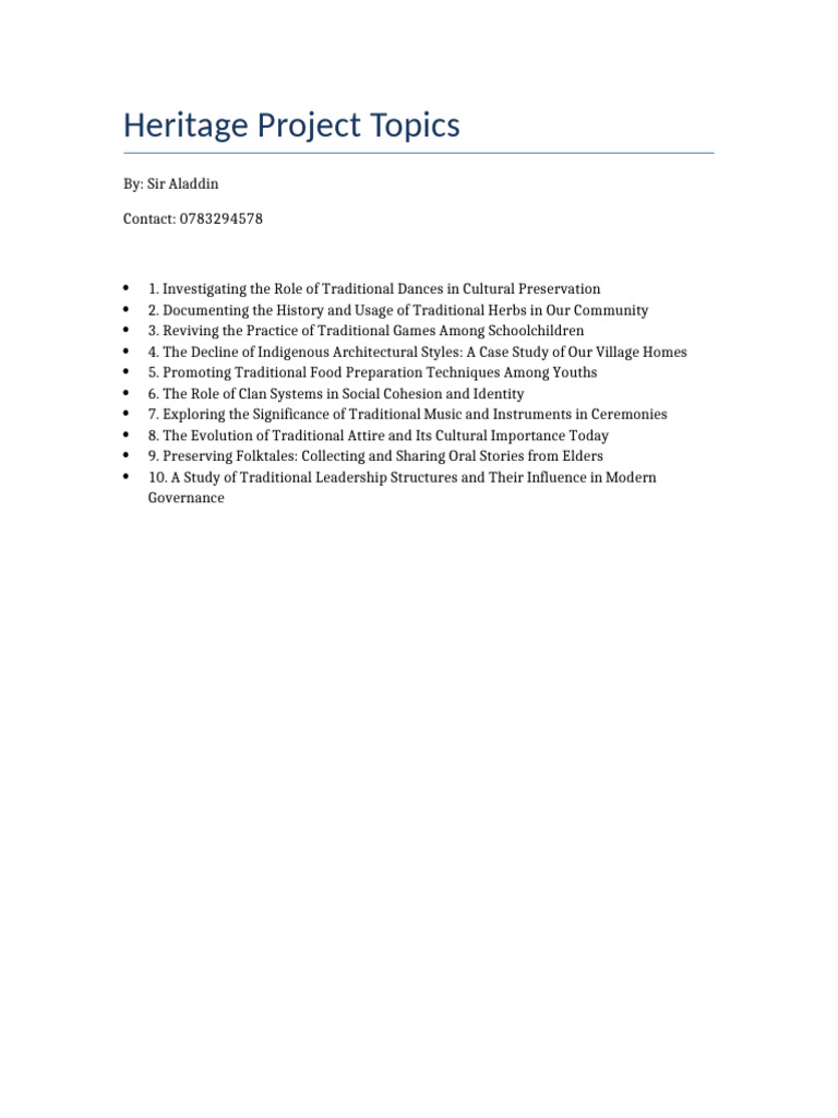 Heritage Project Topics Overview | PDF