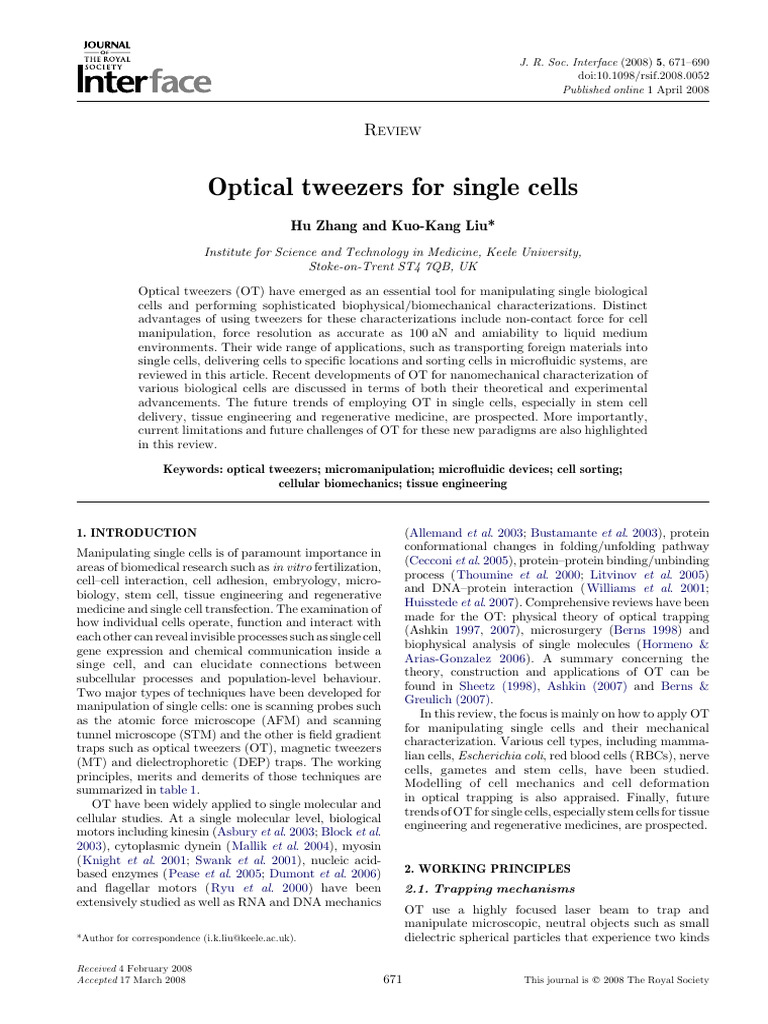 Optical Tweezers For Single Cells | PDF | Optics | Force