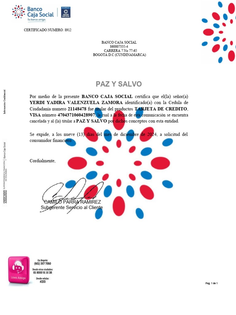 Certificación Paz y Salvo Banco Caja Social | PDF