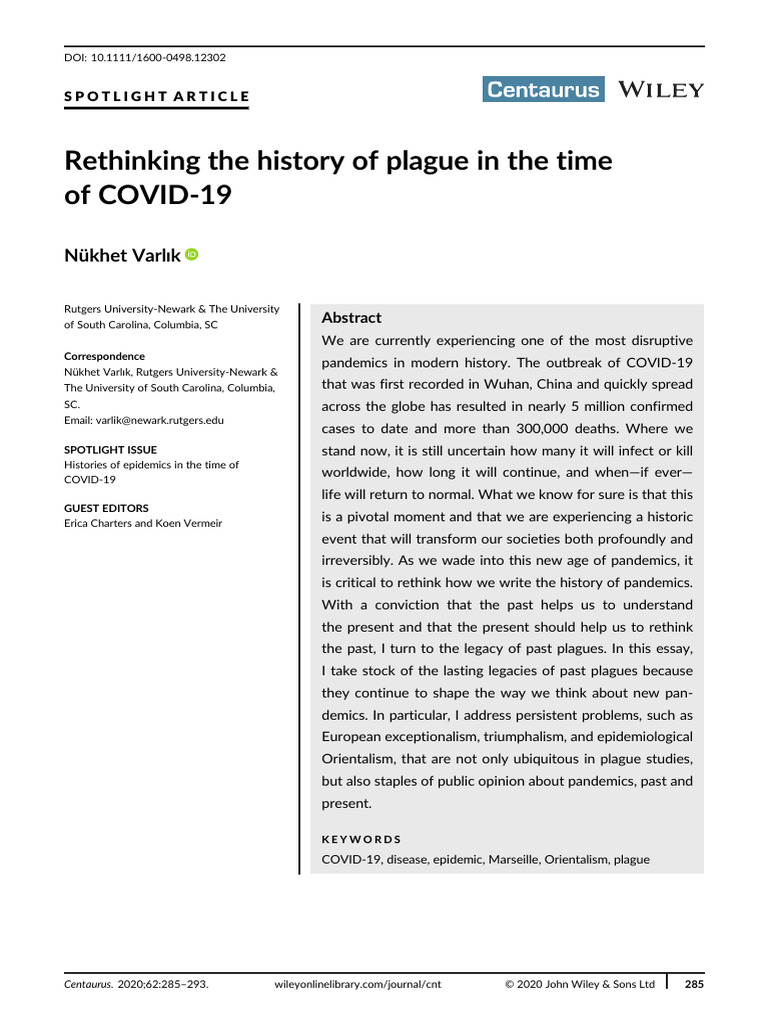 Varlik Rethinking The History of Plague in The Time of COVID 19 | PDF ...