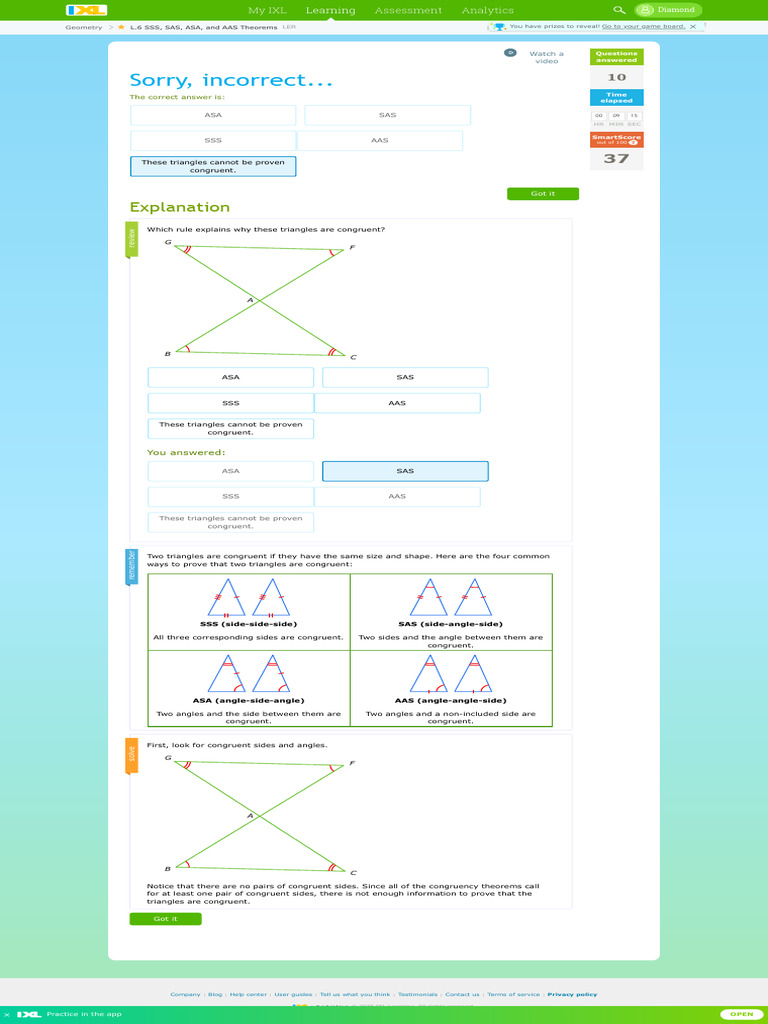 IXL - SSS, SAS, ASA, and AAS Theorems (Geometry Practice) | PDF ...