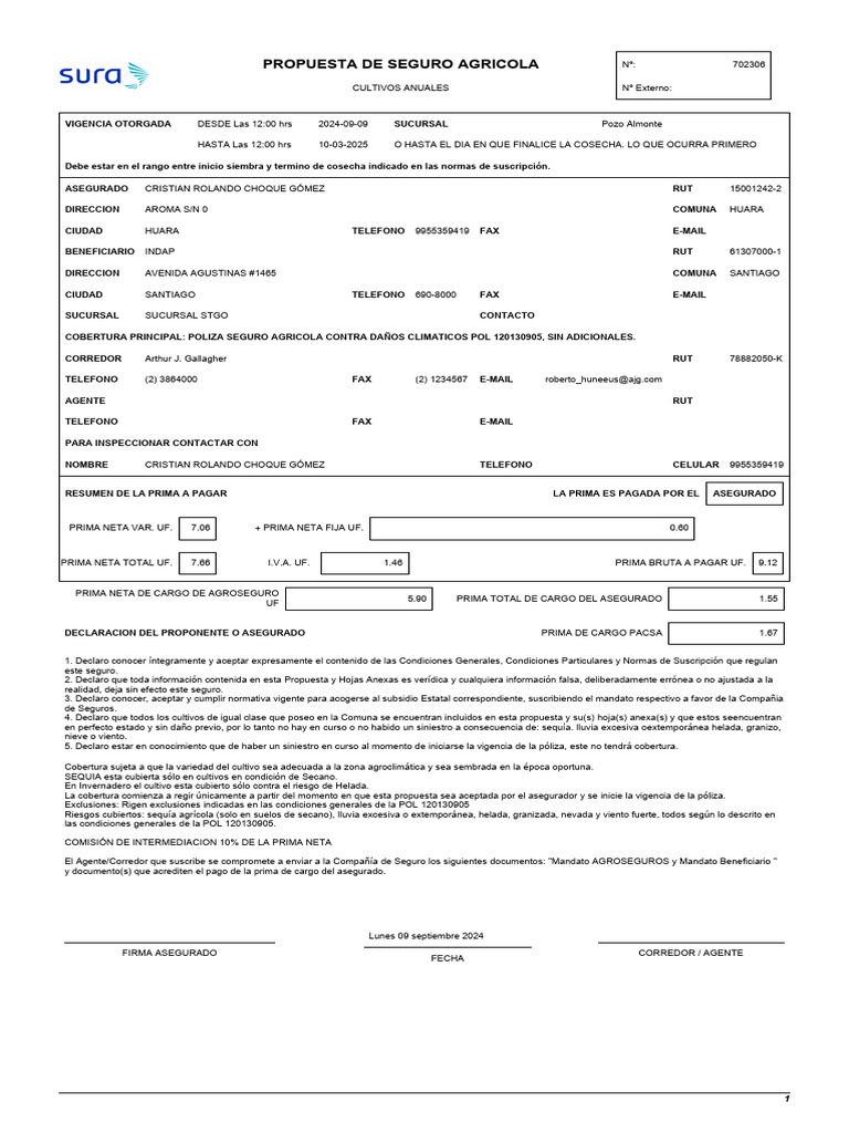 Propuesta 702306 15001242 | PDF | Póliza de seguros | Seguro