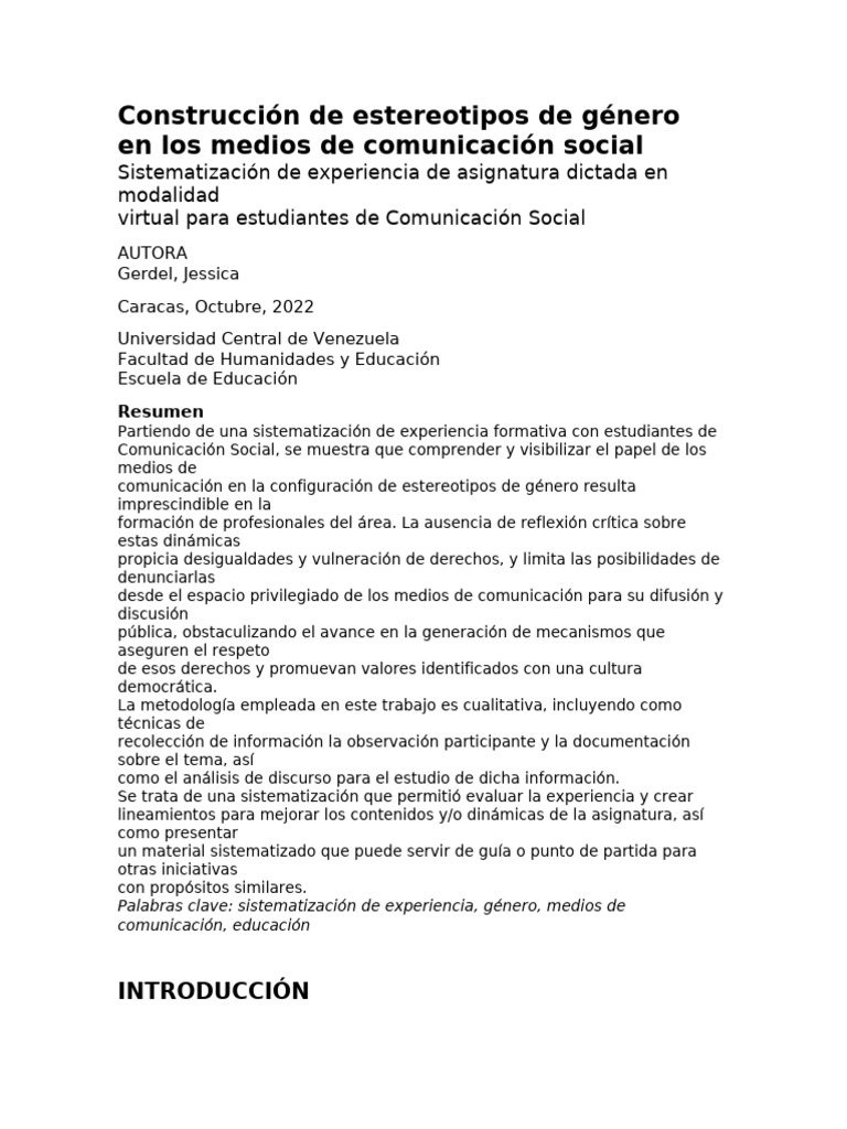 Estereotipos de género en medios sociales | PDF | Género | Estudios de ...
